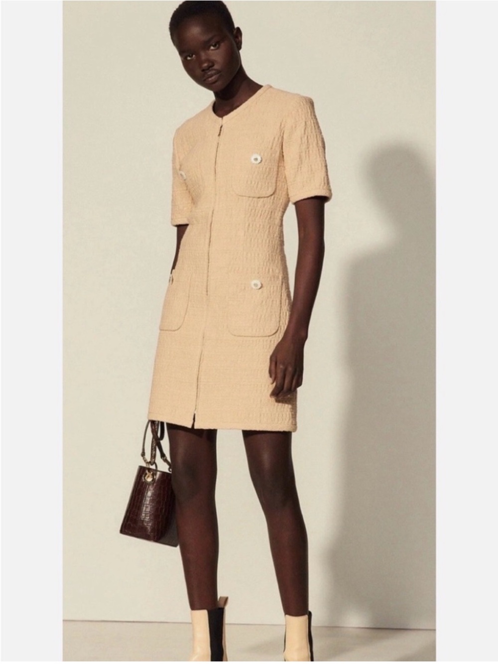 Sandro beige tweed mini short sleeve zip up dress size 36